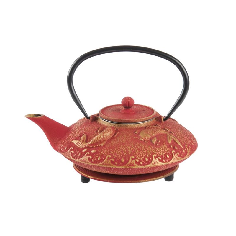 Benzer – Orient Express Shanghai Cast Iron Tea Pot 800ml and Trivet Set Red with Gold Finish