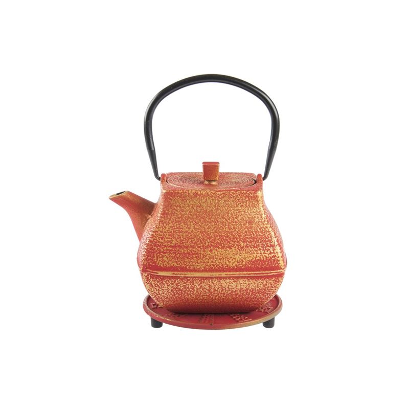 Benzer – Orient Express Nara Cast Iron Tea Pot 1.4Ltr and Trivet Set Red with Gold Finish