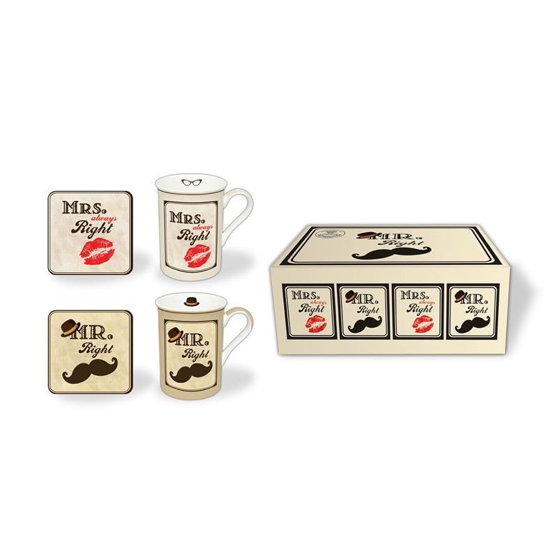 Nostalgic Ceramics – Fine Bone China Mr/Mrs Right Mugs and Coaster Set