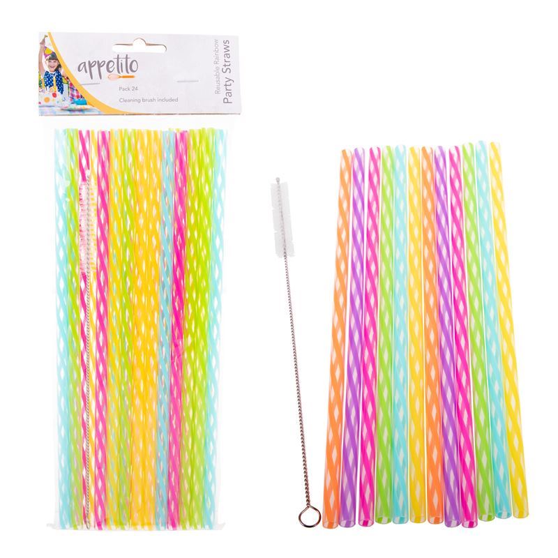 Appetito – Reusable Rainbow Party Straws 25cm Set of 24 with Cleaning Brush
