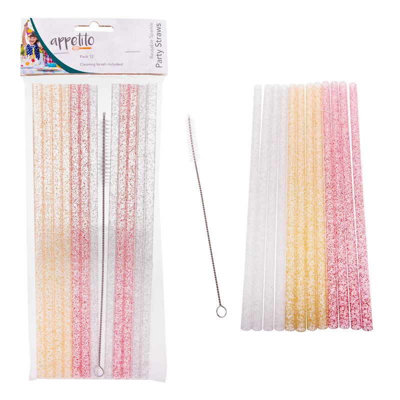 Appetito – Reusable Sparkle Party Straws 25cm Set of 12 with Cleaning Brush