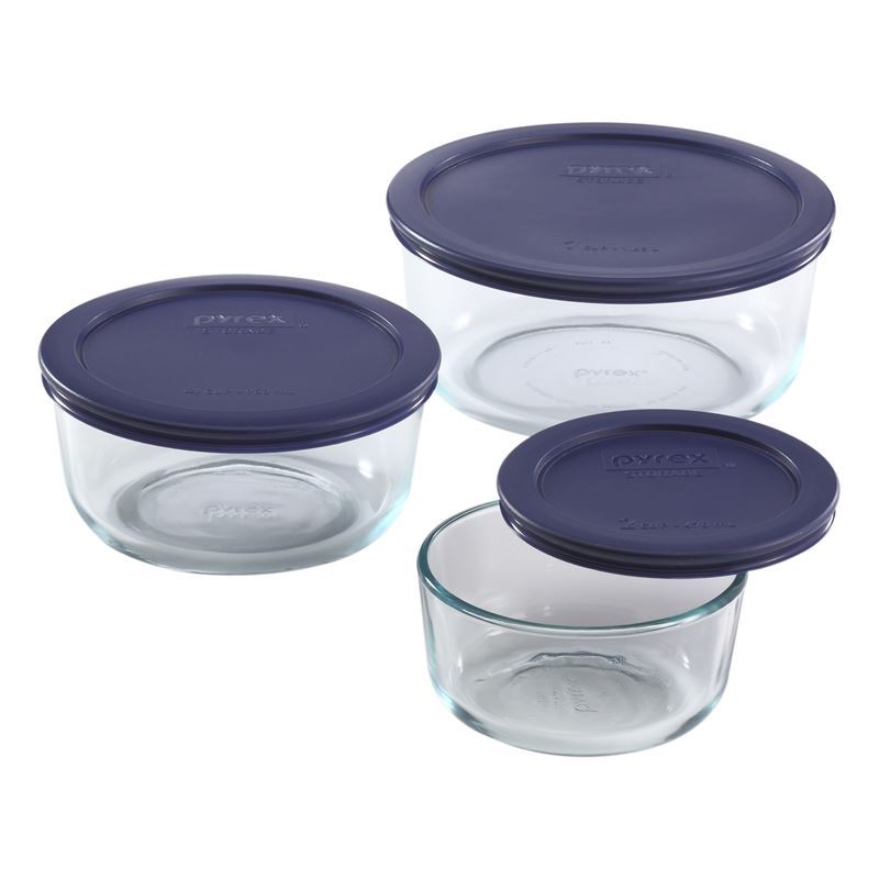 Pyrex Simply Store – Round Glass Storage 3pc Set with Blue Lids (Made in the U.S.A)
