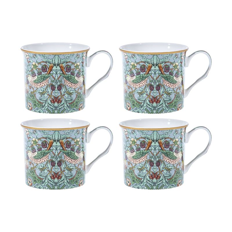 William Morris by Nostalgic Ceramics – Fine Bone China Strawberry Thief Aqua 300ml Mug Set of 4