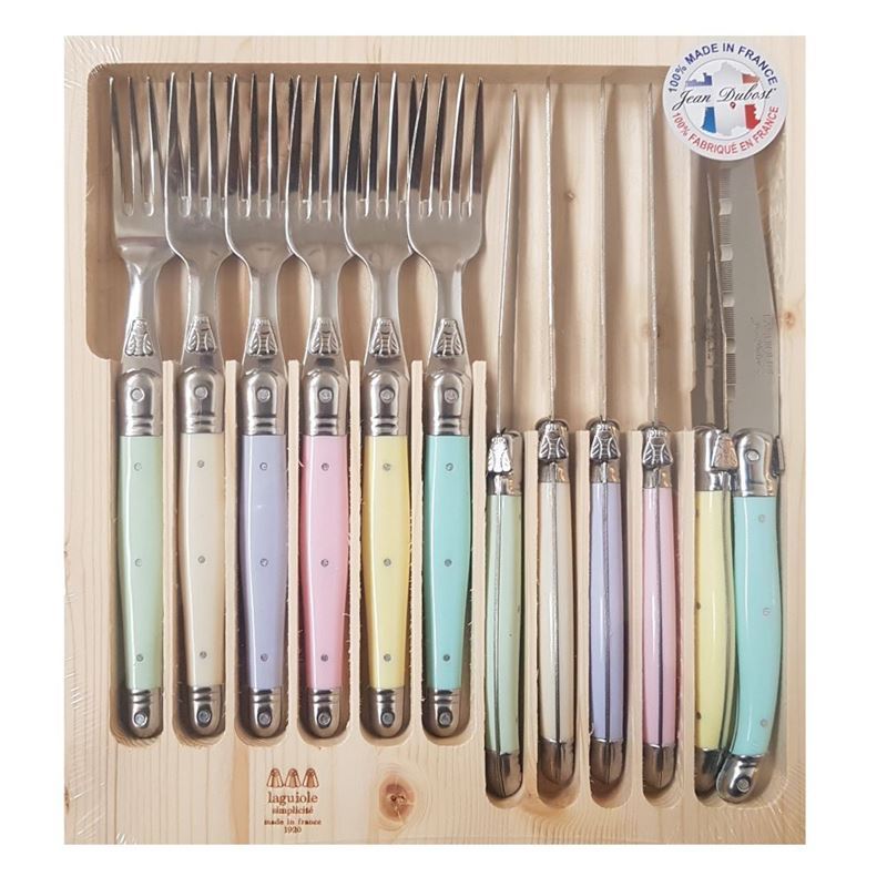 Laguiole by Jean Dubost – Authentic French Made Simplicite Pastel 12pc Steak Knife and Fork Set (Made in France)