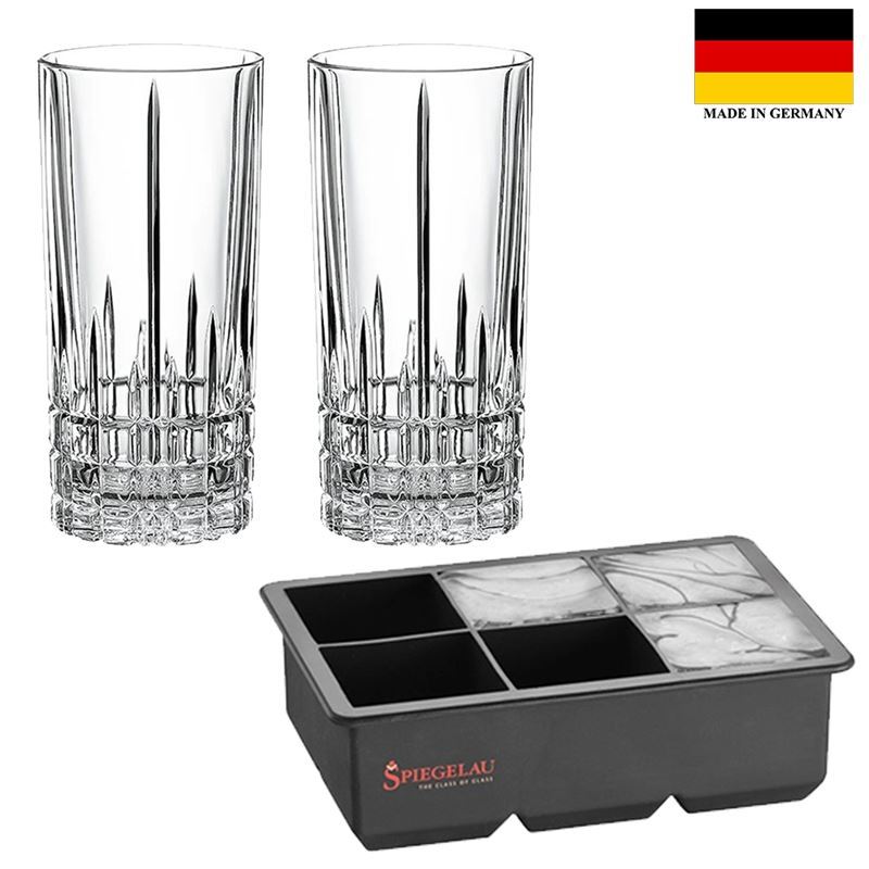 Spiegelau – Perfect Serve Collection by Stephan Hinz 3pce Set High Ball Pair & Ice Cube Tray (Made in Germany)