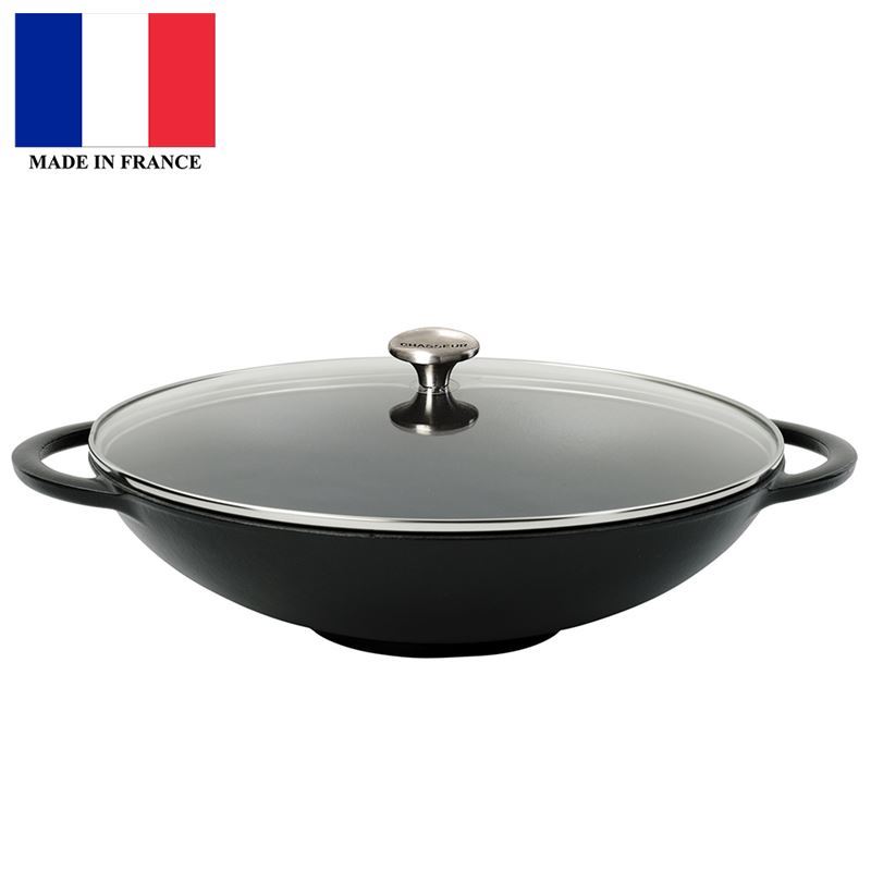 Chasseur Cast Iron – Matte Black Wok with Glass Lid 37cm(Made in France)