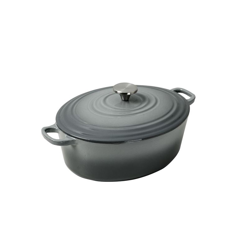 Benzer – Kristoff Cast Iron 29×22.7cm Oval Casserole with Stainless Steel Knob 4.7Ltr Lava Grey