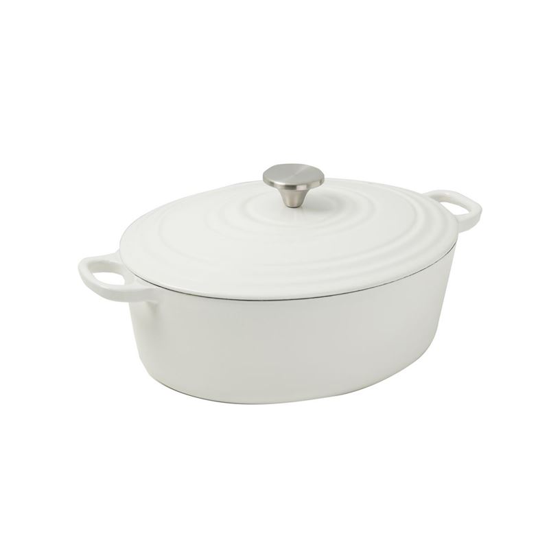 Benzer – Kristoff Cast Iron 29×22.7cm Oval Casserole with Stainless Steel Knob 4.7Ltr Flour White