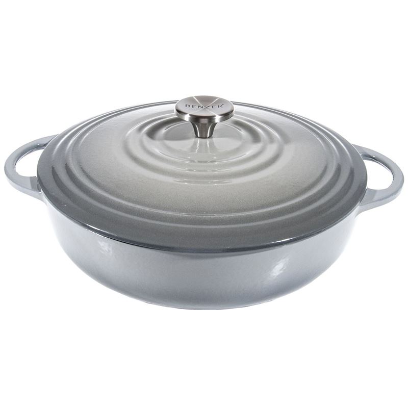 Benzer – Kristoff Cast Iron 28cm Chef’s Low Casserole with Stainless Steel Knob 4Ltr Lava Grey