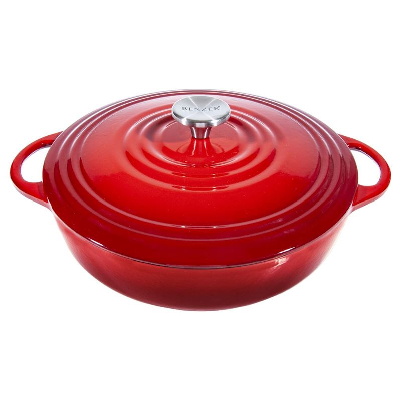 Benzer – Kristoff Cast Iron 28cm Chef’s Low Casserole with Stainless Steel Knob 4Ltr Fire Red