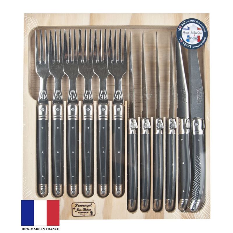 Laguiole by Jean Dubost – Authentic French Made Provencal Charcoal Cool Grey 12pc Steak Knife and Fork Set (Made in France)
