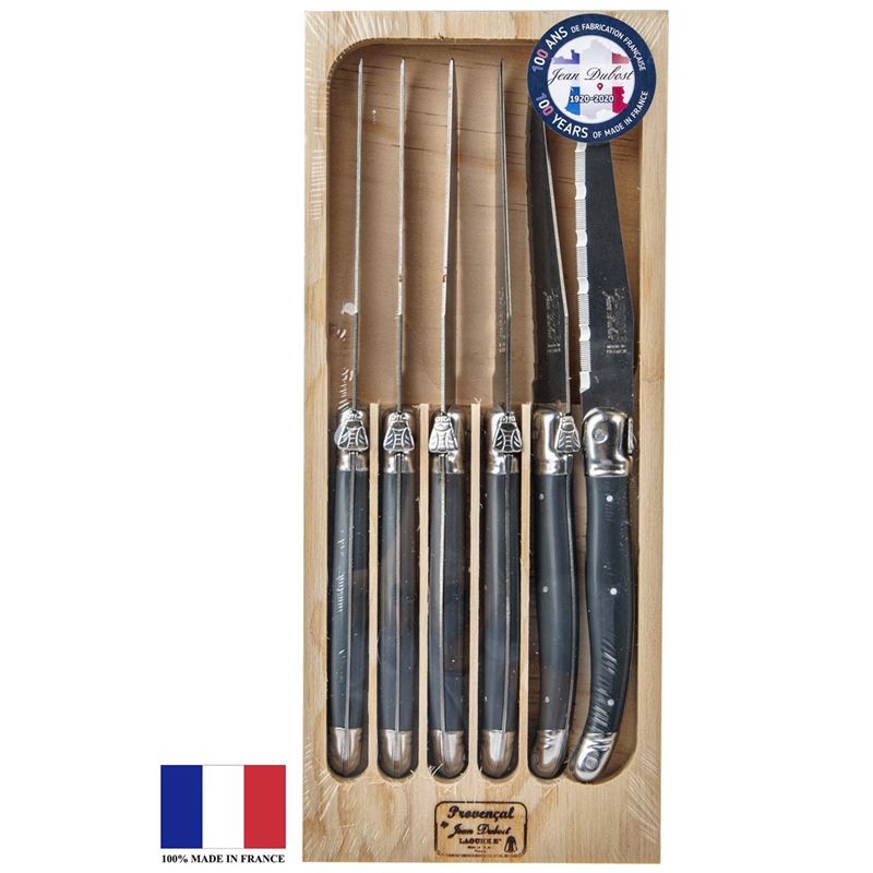 Laguiole by Jean Dubost – Authentic French Made Provencal Charcoal Cool Grey 6pc Steak Knife Set (Made in France)
