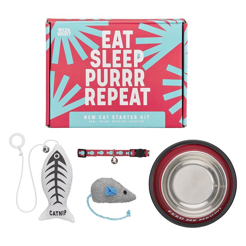 Wild & Woofy – New Cat Collar with Bell, Bowl, Catnip and Mouse Toy Starter Kit Red