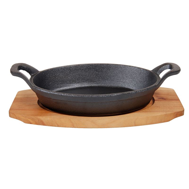 Benzer – Sizzle Cast Iron Mini Oval Gratin Dish with Wooden Tray 15.5x10cm