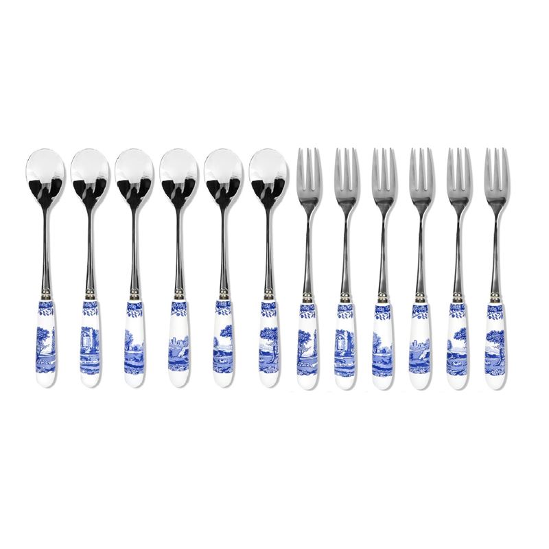 Spode – Blue Italian Ceramic Handled Pastry Forks & Tea Spoons Set of 12