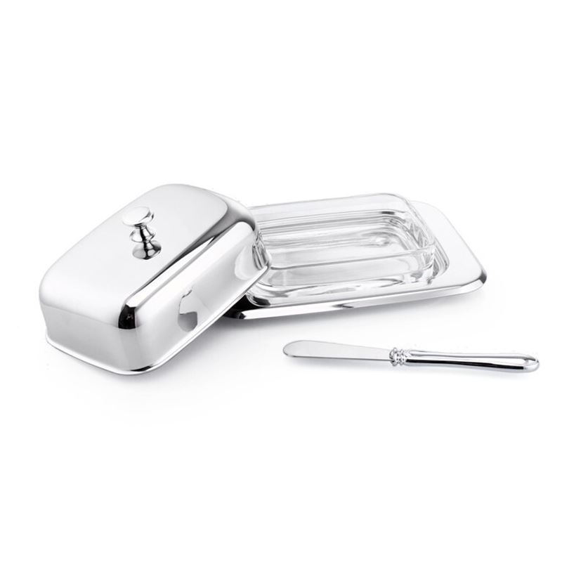 Whitehill – Rectangular Butter Dish Stainless Steel with Glass Liner 18x12x7cm with Butter Knife