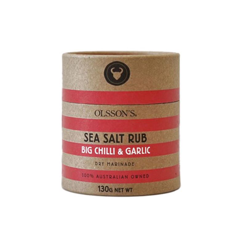 Olssons – Big Chilli & Garlic Sea Salt Rub 130g Kraft Canister (Made in Australia)