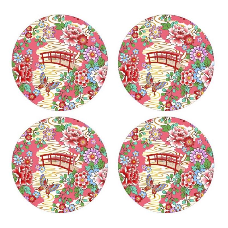 Cinnamon – Japanese Kimono Glass Round Coaster 10cm Set of 4