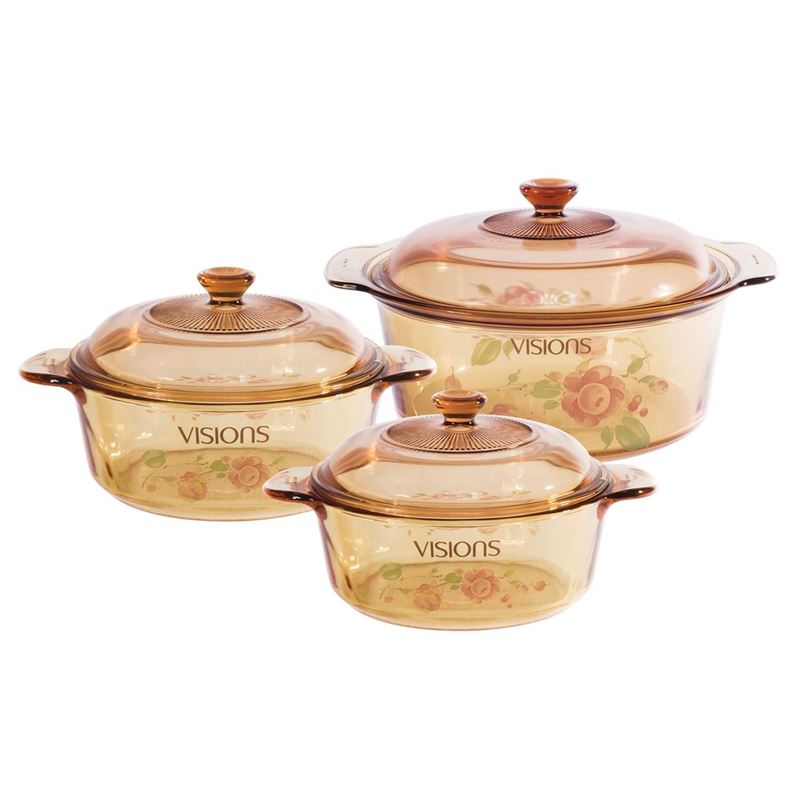 Visions – Versa Pyroceram Country Rose Casseroles with Lids Set of 3 (Six pieces including lids)