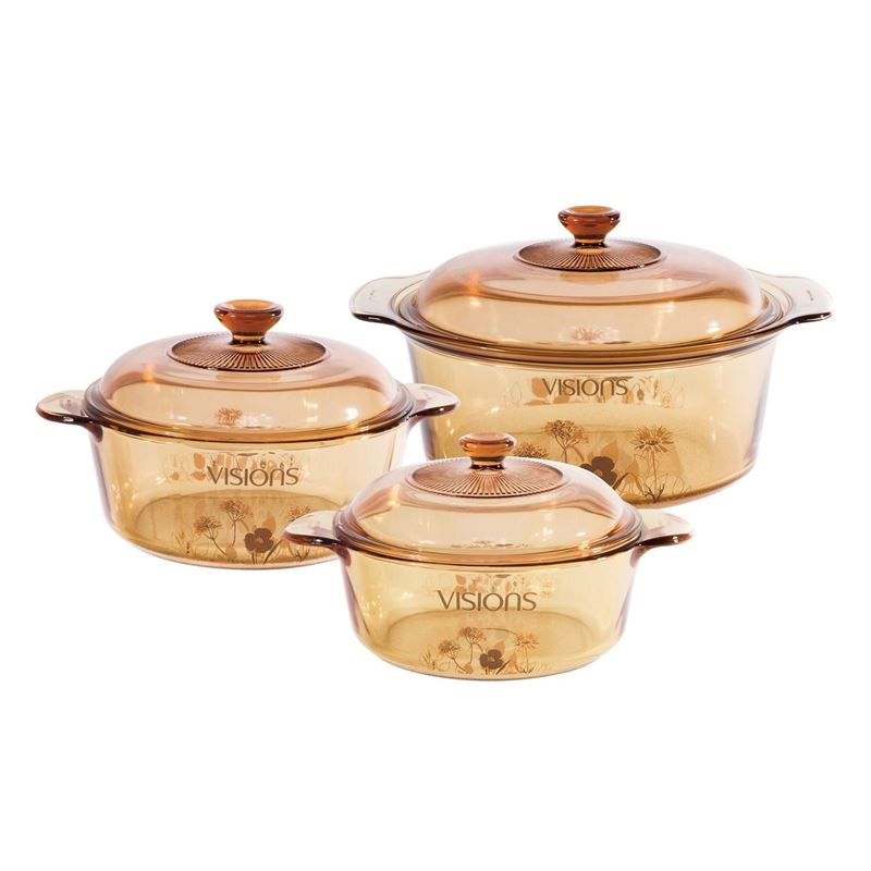 Visions – Versa Pyroceram Daisy Field Casseroles with Lids Set of 3 (Six pieces including lids)