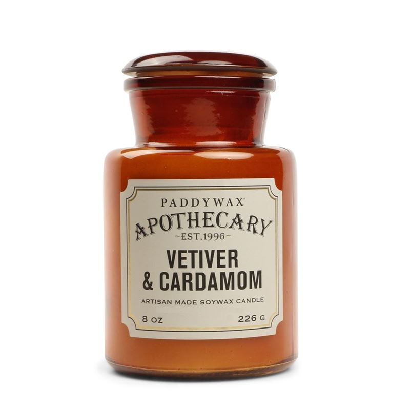 Paddywax – Apothecary 8 oz. Amber Glass Candle Vetiver & Cardamon