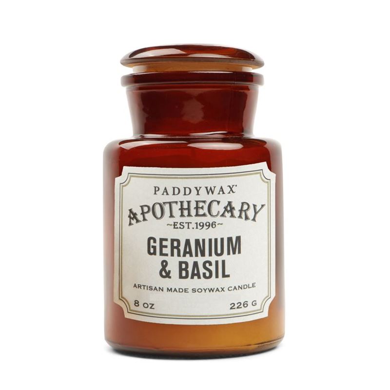 Paddywax – Apothecary 8 oz. Amber Glass Candle Geranium & Basil