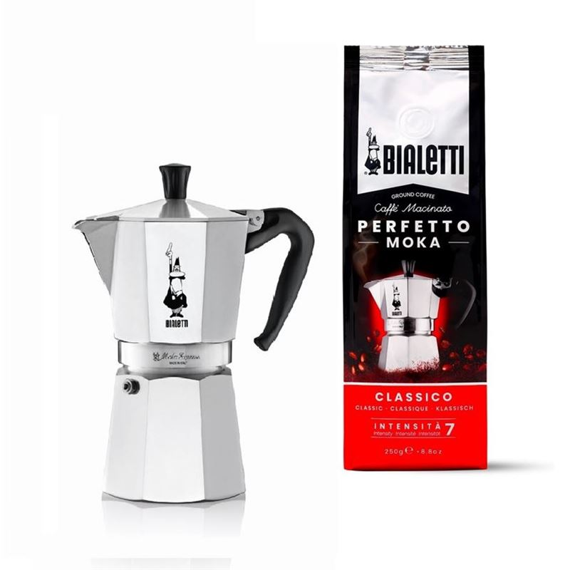 Bialetti – MOKA Express 6 Cup Espresso Maker with Perfetto Moka Classico Coffee 250g Bag (Made in Italy)