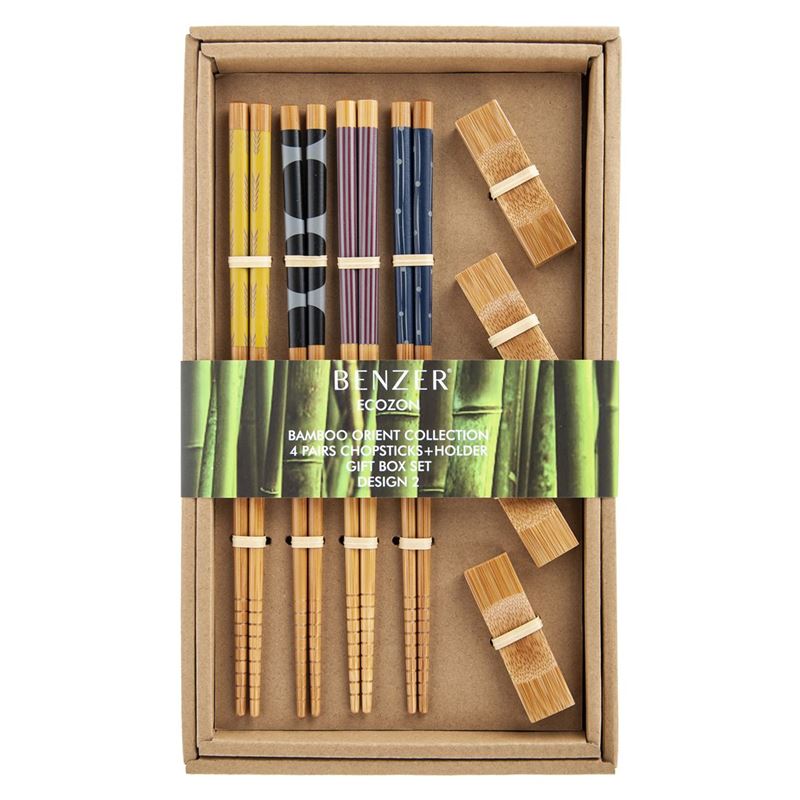 Benzer – Ecozon Bamboo Orient Collection Deluxe Wooden Chopsticks 4 Pairs with Holder Design 2