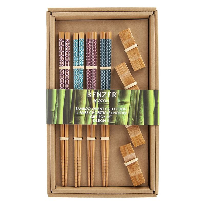 Benzer – Ecozon Bamboo Orient Collection Deluxe Wooden Chopsticks 4 Pairs with Holder Design 5