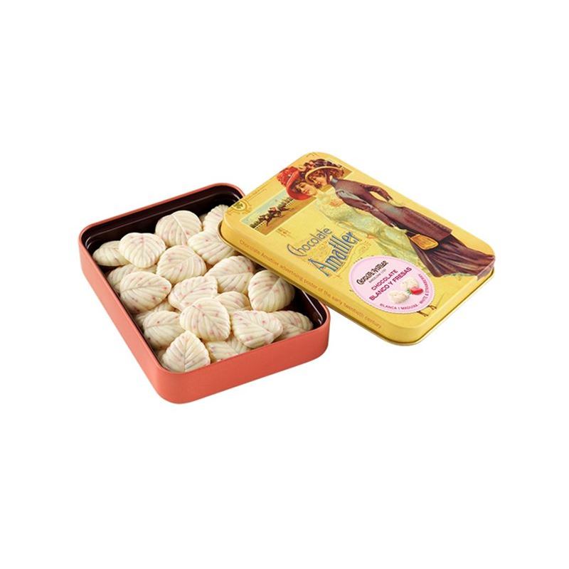 Simon Coll and Amatller – White Blanco Chocolate Leaves with Strawberry in Tin 60g