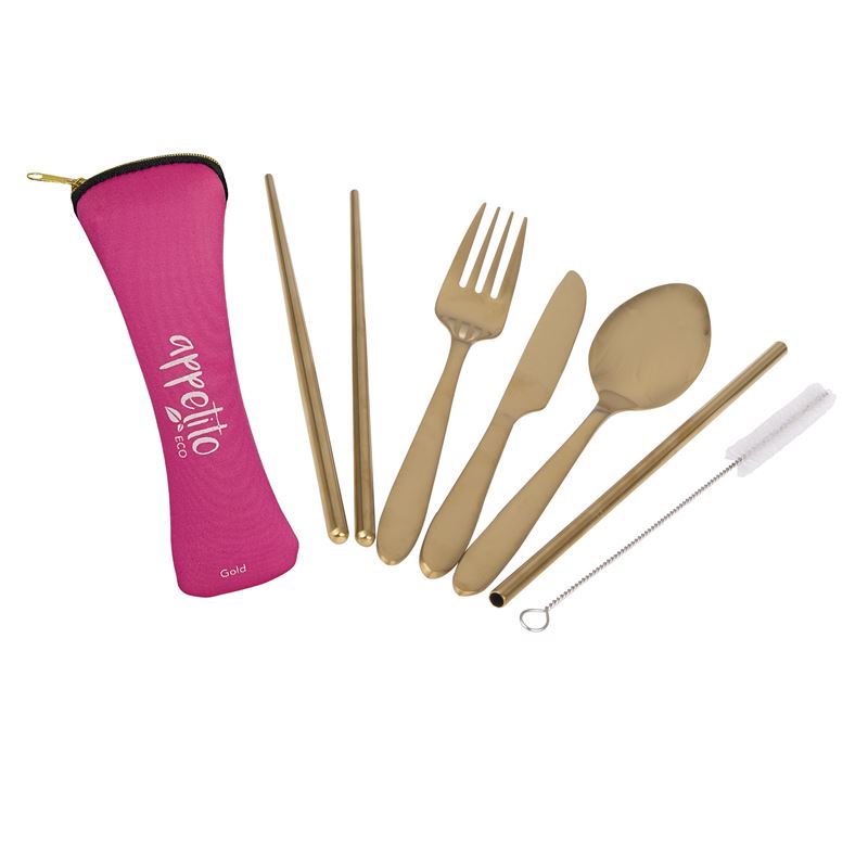 Appetito – Stainless Steel Traveller’s Cutlery Set in Zippered Pouch Fuschia