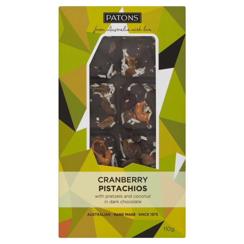 Patons – Dark chocolate block with cranberries, pistachio, pretzels and coconut