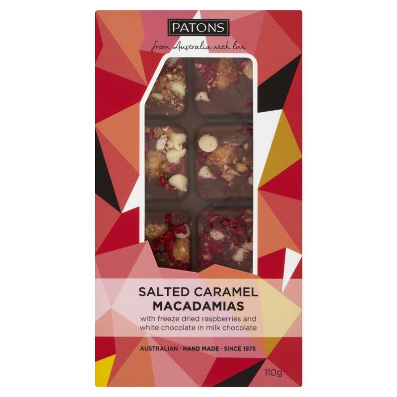 Patons – Milk Chocolate Block with Salted Caramel, Macadamias, Raspberries & White Chocolate 110g