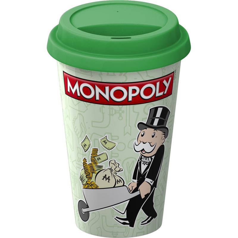 Monopoly – Wheel Barrow of Money Novelty Double Wall Ceramic Tall Mug with Silicone Lid