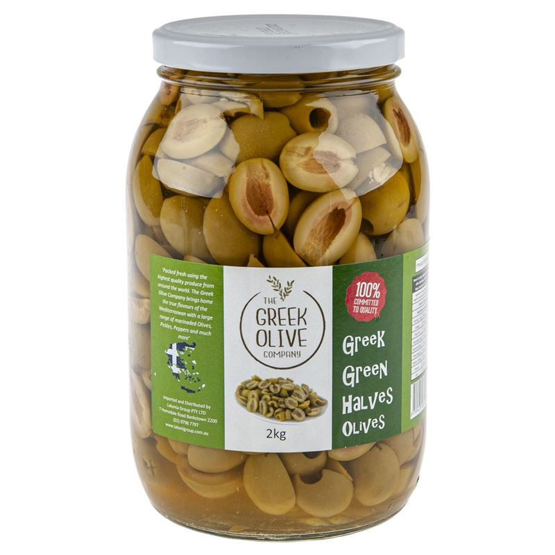 The Greek Olive Company – Greek Green Halves Olives 2kg (Product of Greece)