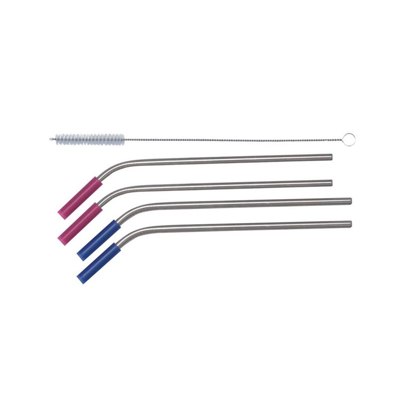 Cuisena – Stainless Steel with Silicone Ends Angled Straws Set of 4 with Cleaning Brush