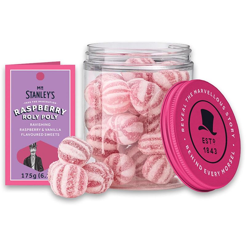 Mr Stanleys – Raspberry Roly Poly Raspberry & Vanilla Boiled Sweets in Jar 175g (Made in the UK)