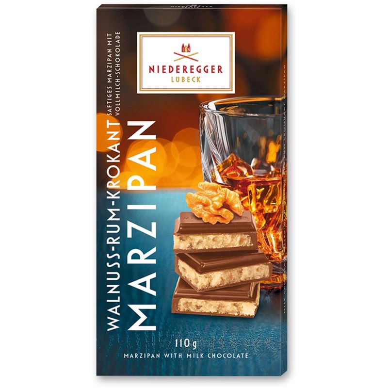 Niederegger Ludbek – Traditional Marzipan Chocolate Bar 110g Walnut & Rum Croqant Milk Chocolate