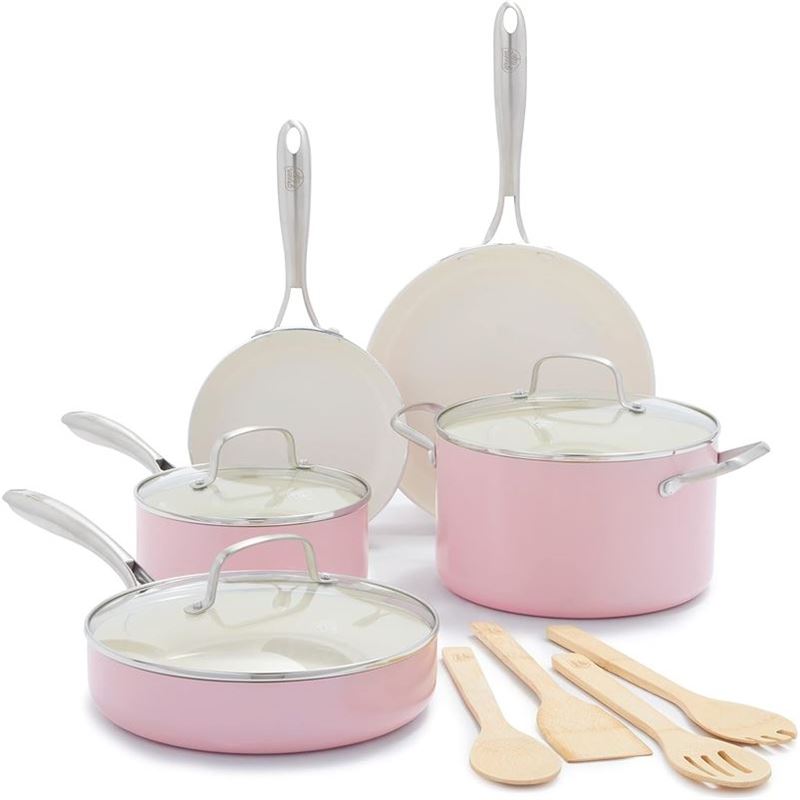 Green Life – Artisan Pink Thermalon Non-Stick 5pc Cookware Set with 4 BONUS Utensils