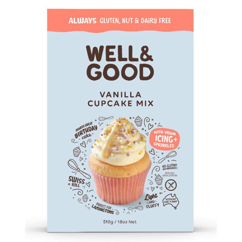 Well & Good – Vanilla Cupcake Mix 510g with Icing and Sprinkles GLUTEN FREE