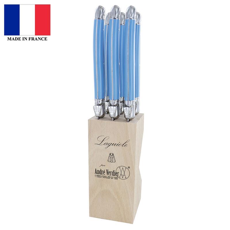 Andre Verdier – Laguiole Debutant Serrated Knife Set of 6 in Block Blue (Made in France)
