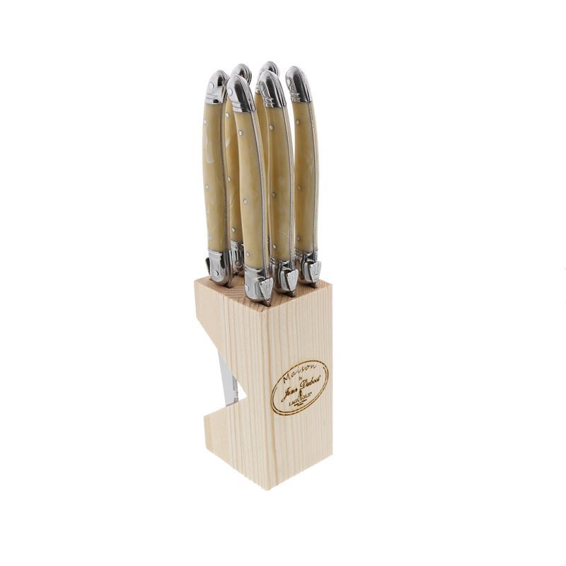 Laguiole by Jean Dubost – Authentic French Made Maison Light Horn 6pc Steak Knife Set in Block (Made in France)