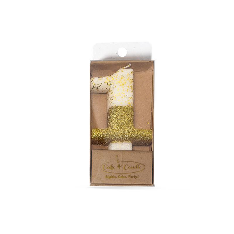 Cake & Candle – Gold Glitter Dipped 8cm Candle Number – 1
