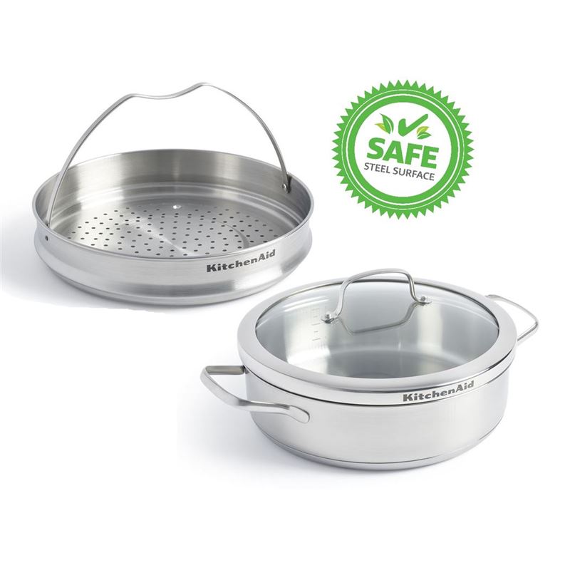 KitchenAid – Professional Stainless Steel Induction Chef’s Deep Skillet Pan with Lid 26cm 3.6Ltr with 26cm Steamer Insert Combo Pack