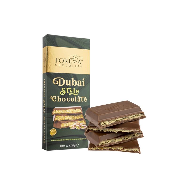 Foreva Chocolate – Dubai Style Milk Chocolate with Crispy Kadaifi and Pistachio Filling 180g Block (Product of Türkiye)