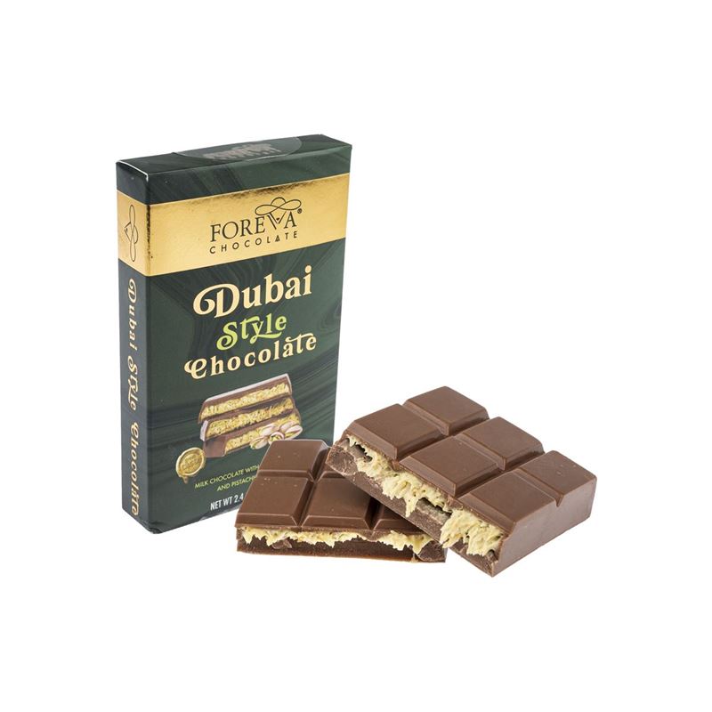 Foreva Chocolate – Dubai Style Milk Chocolate with Crispy Kadaifi and Pistachio Filling 70g Block (Product of Türkiye)