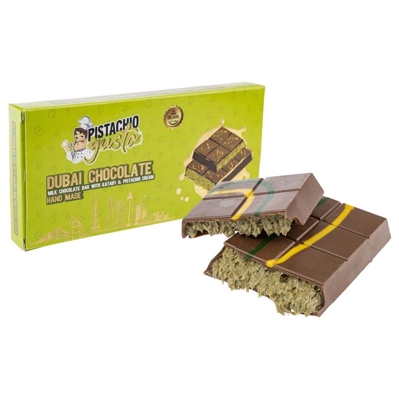 ByGusto – Pistachio Gusto Dubai Style Pistachio Kataifi with Milk Belgian Chocolate Block  200g (Product of Türkiye)