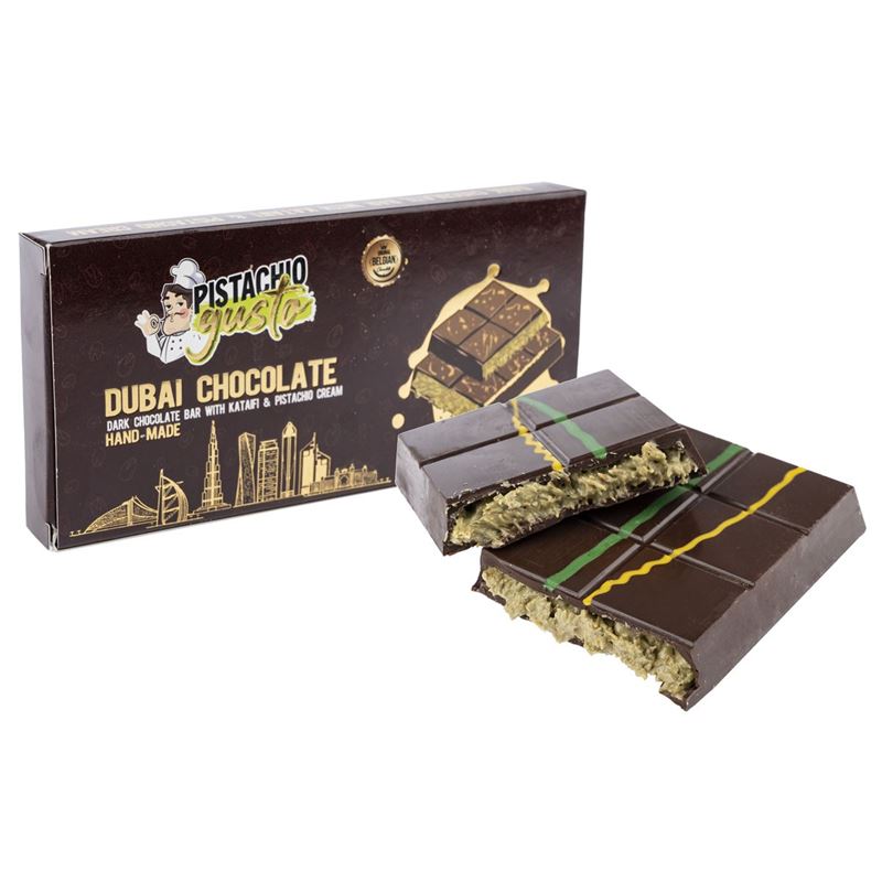 ByGusto – Pistachio Gusto Dubai Style Pistachio Kataifi with Dark Belgian Chocolate Block 200g (Product of Türkiye)