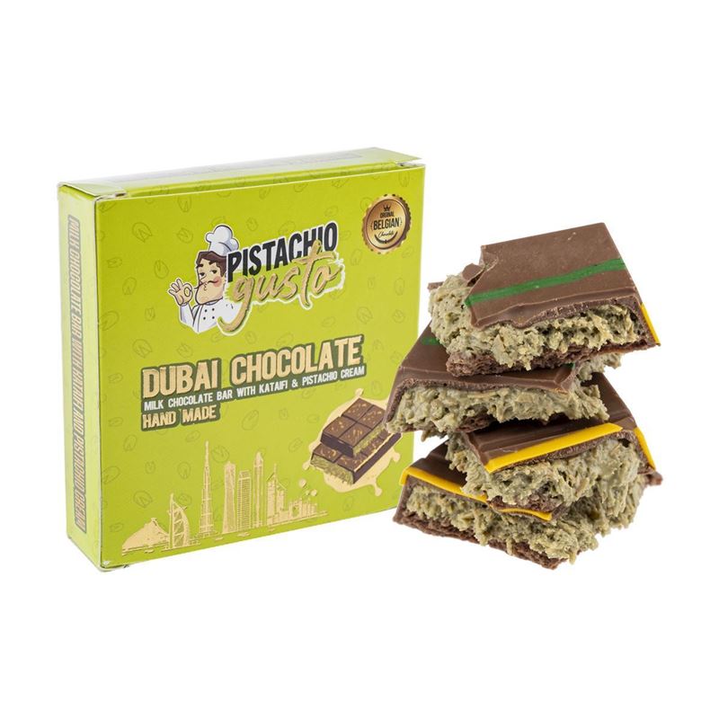 ByGusto – Pistachio Gusto Dubai Style Pistachio Kataifi with Milk Belgian Chocolate Block 100g (Product of Türkiye)