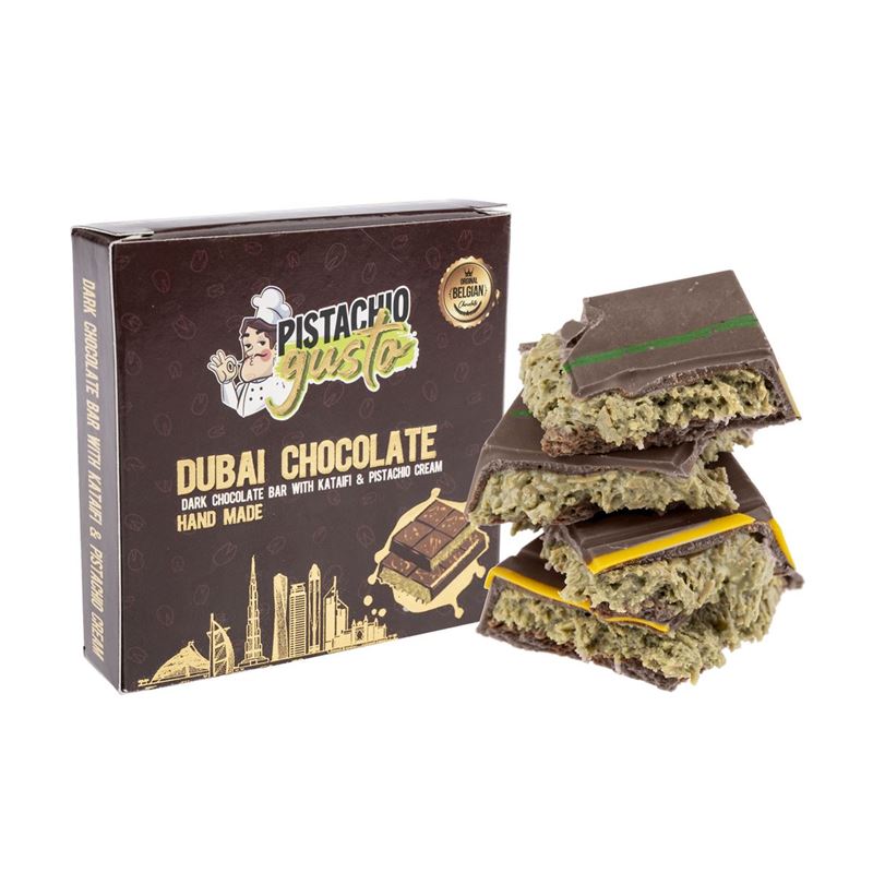 ByGusto – Pistachio Gusto Dubai Style Pistachio Kataifi with Dark Belgian Chocolate Block 100g (Product of Türkiye)